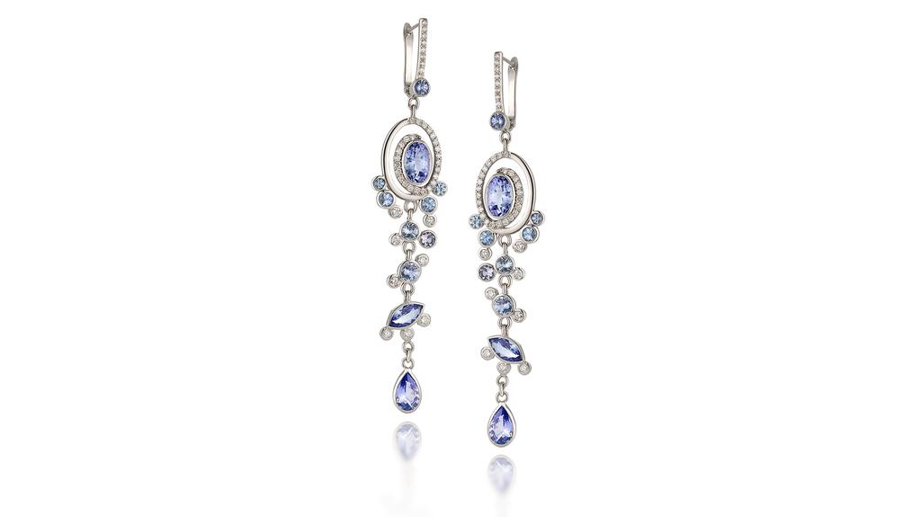 Martha Seely Design in Carlisle, Massachusetts, designed by Martha Seely. A pair of 14-karat white gold “Stardust” dangle earrings set with 5.8 carats of tanzanites, 3.20 carats of sapphires, and 1.35 carats of diamonds ($4,775) Martha Seely Designs Stardust earrings